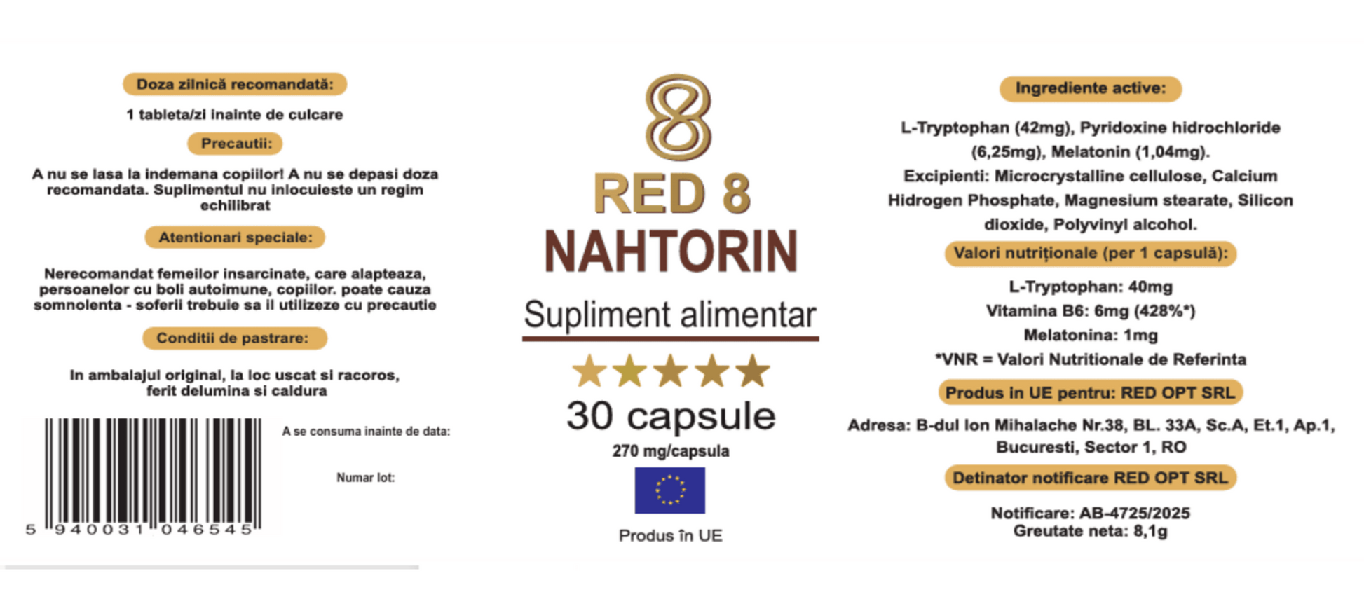 Etichetă Nahtorin – L-triptofan, melatonină 1 mg și vitamina B6