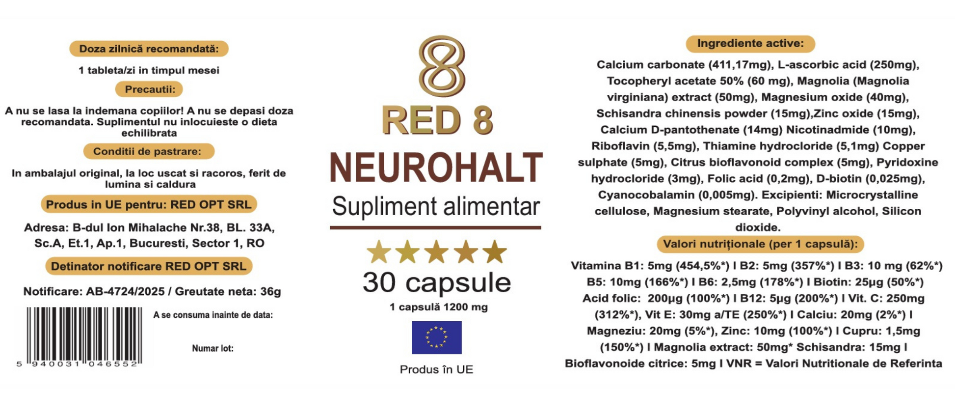 Neurohalt RED 8 – detaliu etichetă ingrediente