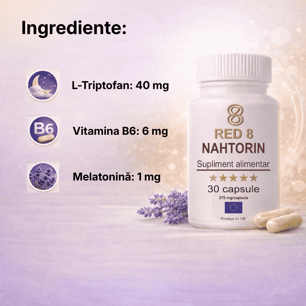 Ingrediente active Nahtorin – melatonină, L-triptofan și vitamina B6 pentru susținerea somnului